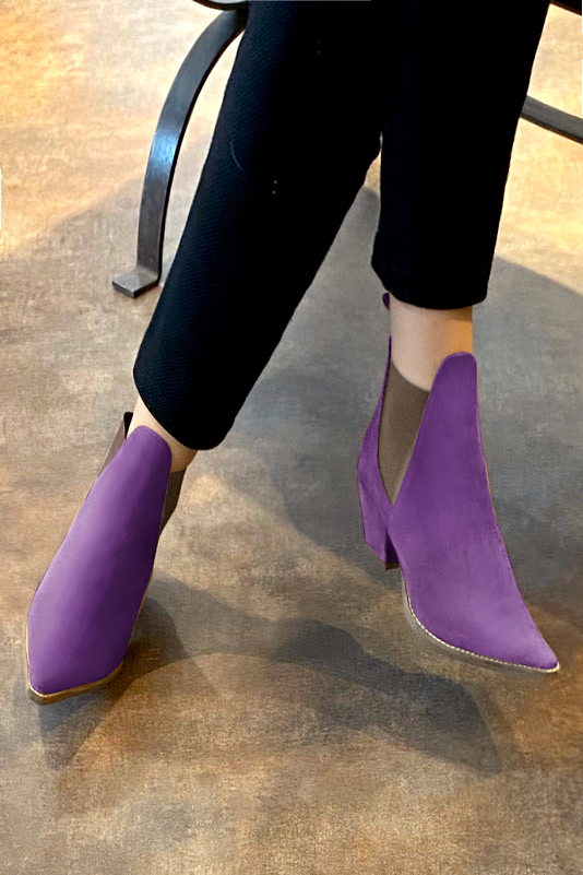 Amethyst purple and taupe brown women's ankle boots, with elastics. Pointed toe. Medium cone heels. Worn view - Florence KOOIJMAN